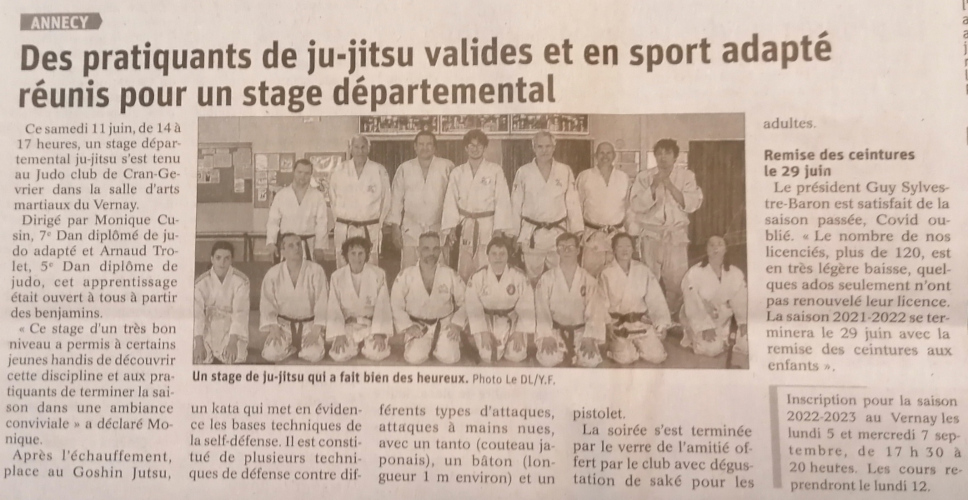 Article paru dans le Dauphiné Libéré sur le stage de judo adapté du 11 juin 2022